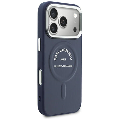 Coque MagSafe pour Apple iPhone 18 Pro / 17 Pro, Karl Lagerfeld, logo RSG en relief avec anneau ouvert, bleue