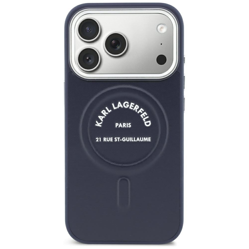 Coque MagSafe pour Apple iPhone 18 Pro / 17 Pro, Karl Lagerfeld, logo RSG en relief avec anneau ouvert, bleue
