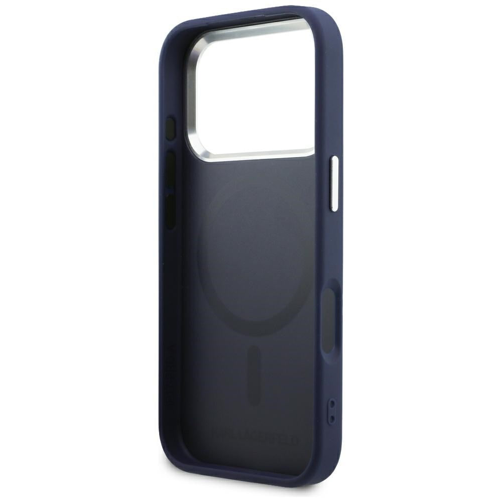 Coque MagSafe pour Apple iPhone 18 Pro / 17 Pro, Karl Lagerfeld, logo RSG en relief avec anneau ouvert, bleue