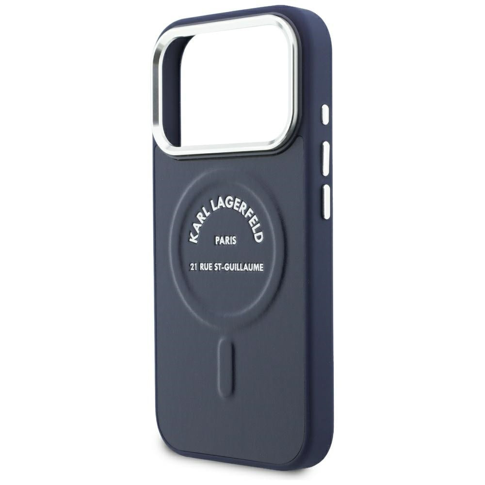 Coque MagSafe pour Apple iPhone 18 Pro / 17 Pro, Karl Lagerfeld, logo RSG en relief avec anneau ouvert, bleue