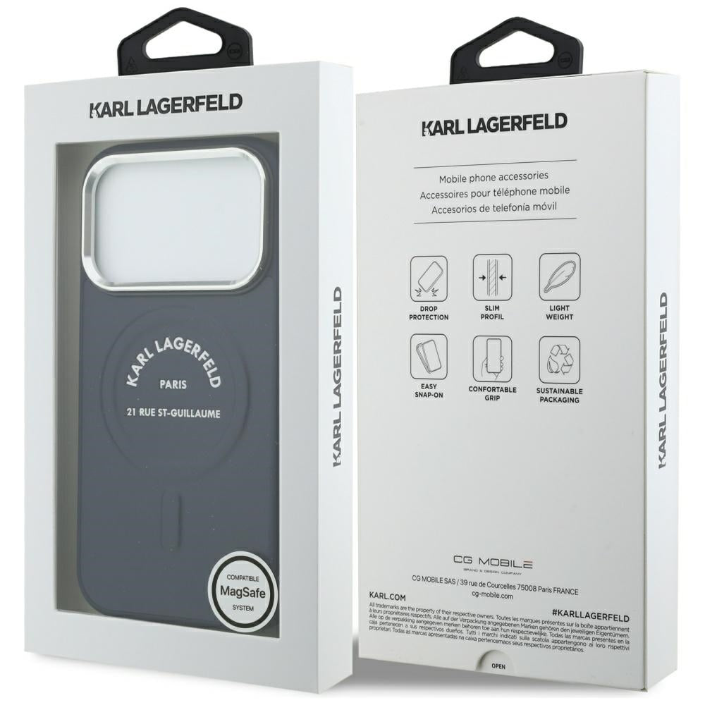 Coque MagSafe pour Apple iPhone 18 Pro / 17 Pro, Karl Lagerfeld, logo RSG en relief avec anneau ouvert, bleue