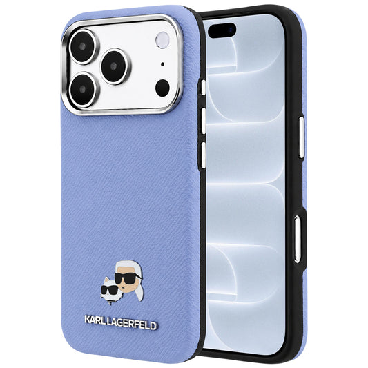 Coque MagSafe pour Apple iPhone 18 Pro / 17 Pro, Karl Lagerfeld, Grained Karl & Tête de Choupette en métal, Bleu