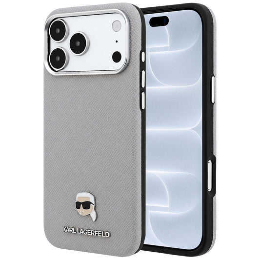 Coque MagSafe pour Apple iPhone 18 Pro / 17 Pro, Karl Lagerfeld, Métal Grainé Tête de Karl, Gris