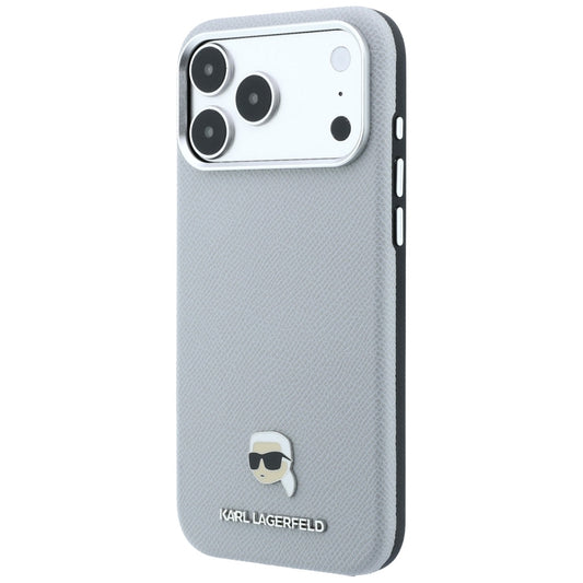 Coque MagSafe pour Apple iPhone 18 Pro / 17 Pro, Karl Lagerfeld, Métal Grainé Tête de Karl, Gris