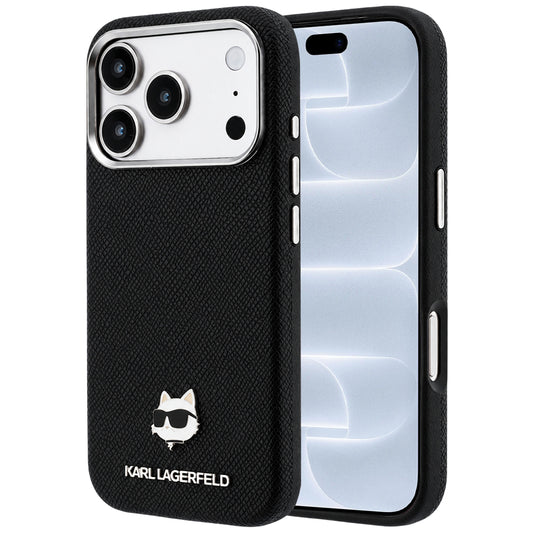 Coque MagSafe pour Apple iPhone 18 Pro / 17 Pro, Karl Lagerfeld, Métal Grainé Tête de Karl, Noire