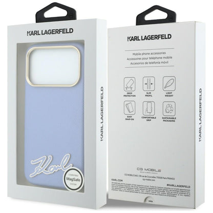 Coque MagSafe pour Apple iPhone 18 Pro / 17 Pro, Karl Lagerfeld, Logo en résine grainée, Bleu