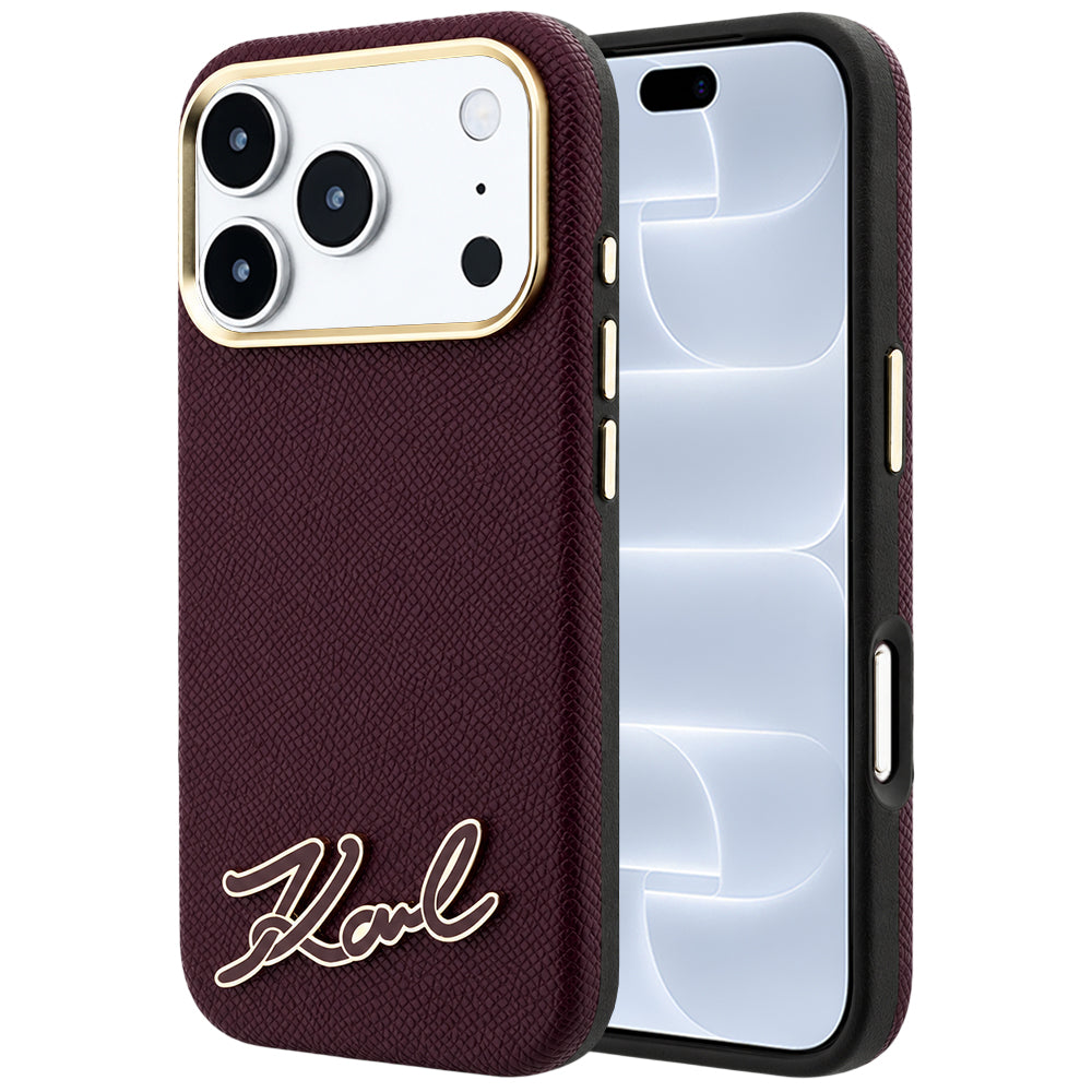 Coque MagSafe pour Apple iPhone 18 Pro / 17 Pro, Karl Lagerfeld, Logo en résine grainée, Bordeaux