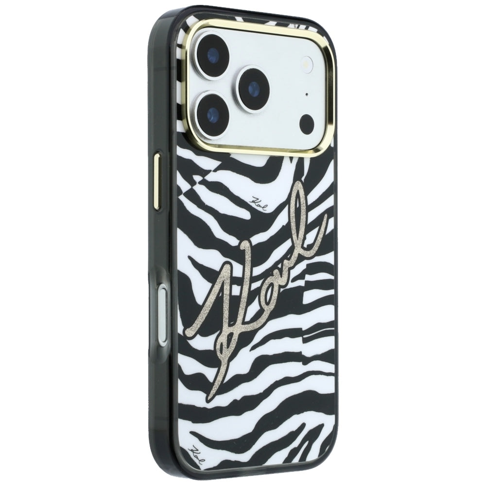 Coque MagSafe pour Apple iPhone 18 Pro / 17 Pro, Karl Lagerfeld, HC IML Signature Zebra Glitter Gold, Noire