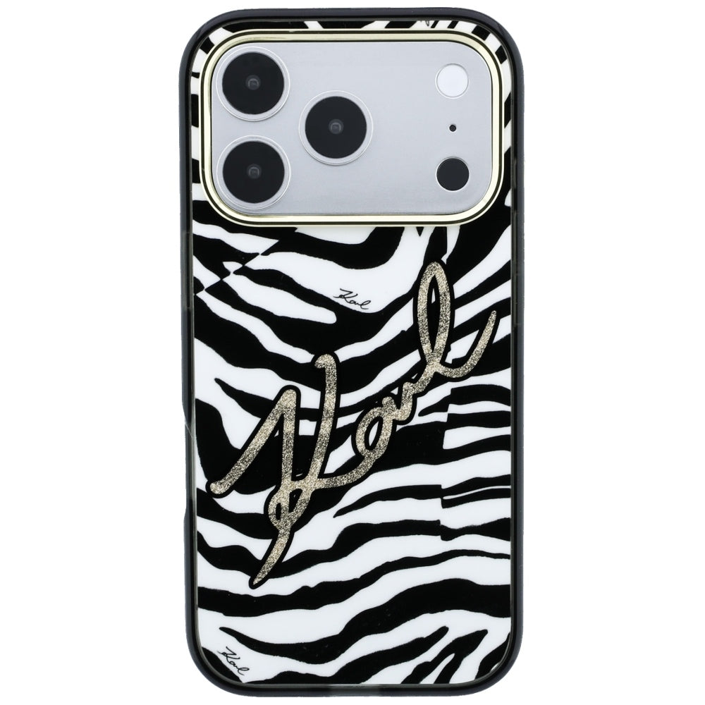 Coque MagSafe pour Apple iPhone 18 Pro / 17 Pro, Karl Lagerfeld, HC IML Signature Zebra Glitter Gold, Noire