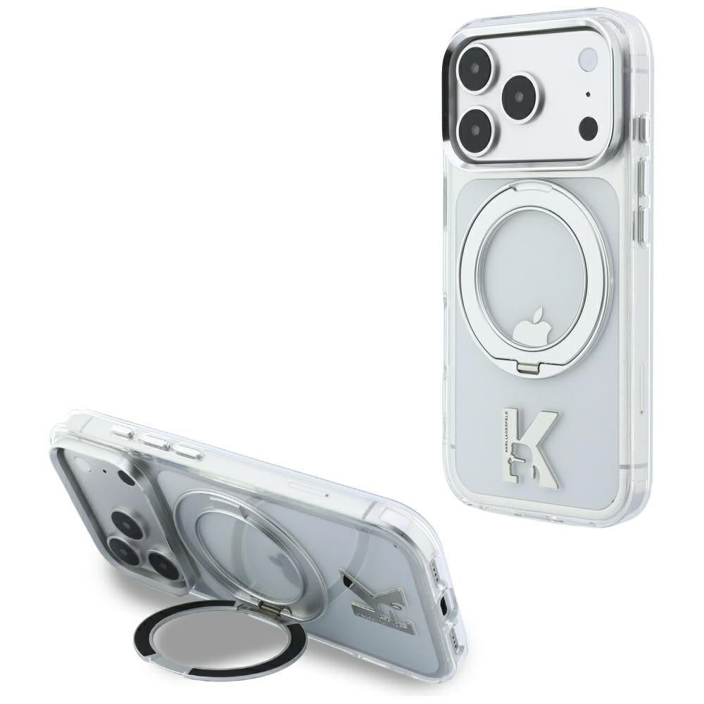 Coque MagSafe pour Apple iPhone 18 Pro / 17 Pro, Karl Lagerfeld, Support Anneau IML Kameo Métal, Transparente