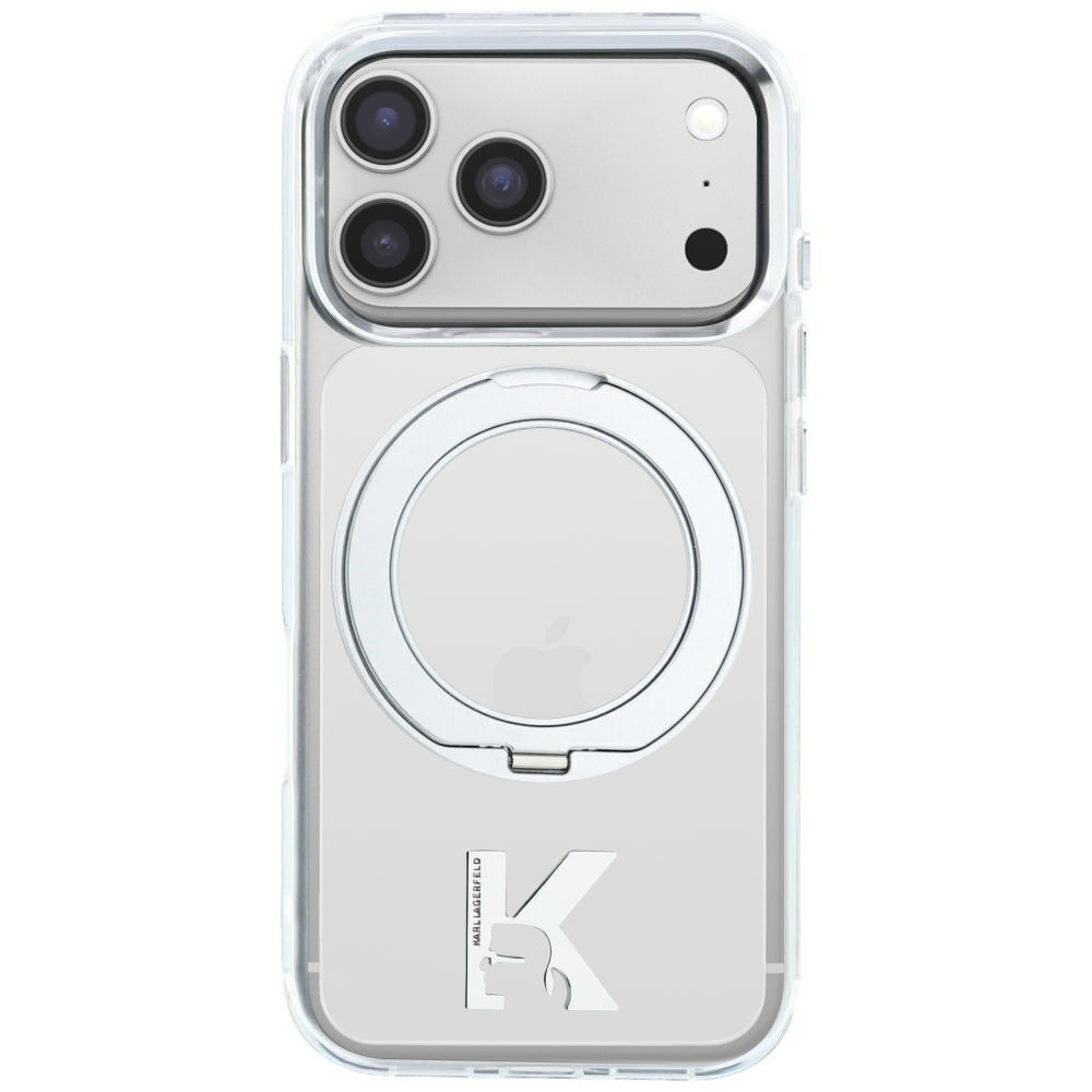 Coque MagSafe pour Apple iPhone 18 Pro / 17 Pro, Karl Lagerfeld, Support Anneau IML Kameo Métal, Transparente