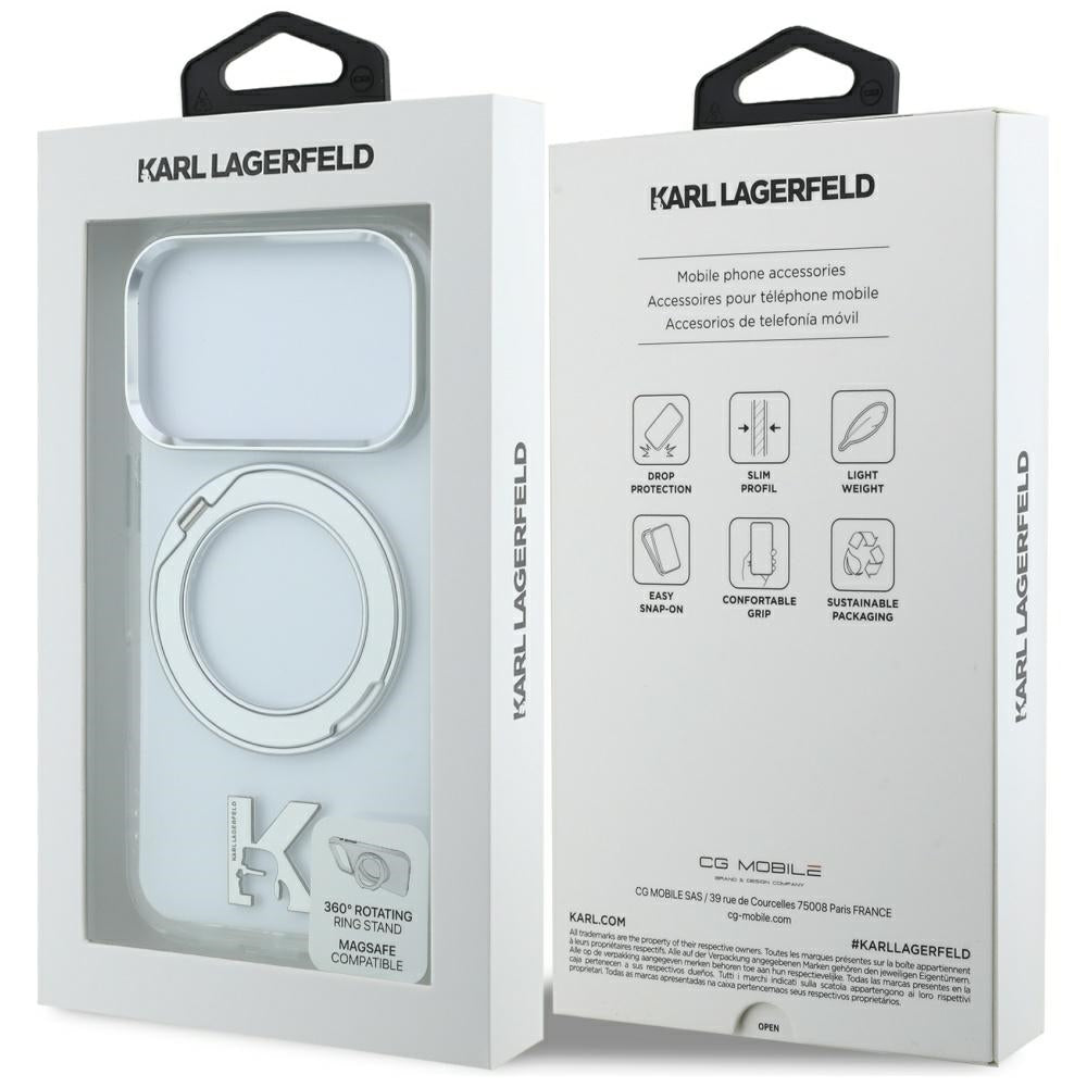 Coque MagSafe pour Apple iPhone 18 Pro / 17 Pro, Karl Lagerfeld, Support Anneau IML Kameo Métal, Transparente