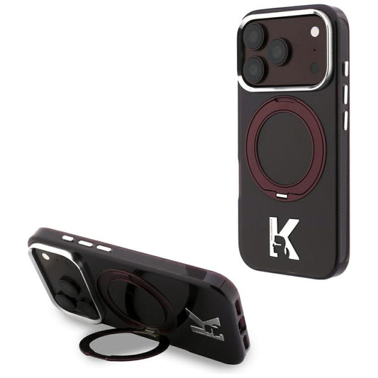 Coque MagSafe pour Apple iPhone 18 Pro / 17 Pro, Karl Lagerfeld, Support Anneau IML Kameo Metal, Bordeaux