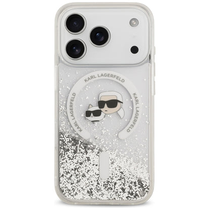 Coque MagSafe pour Apple iPhone 18 Pro / 17 Pro, Karl Lagerfeld, Liquid Glitter Karl & Choupette Head's, Transparente