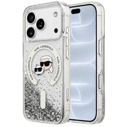 Coque MagSafe pour Apple iPhone 18 Pro / 17 Pro, Karl Lagerfeld, Liquid Glitter Karl & Choupette Head's, Transparente