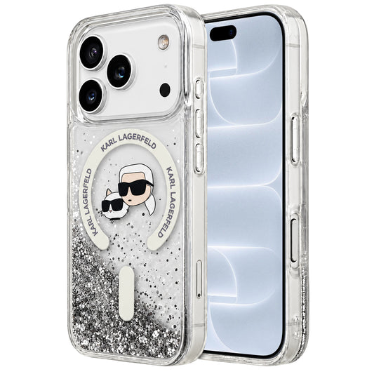 Coque MagSafe pour Apple iPhone 18 Pro / 17 Pro, Karl Lagerfeld, Liquid Glitter Karl & Choupette Head's, Transparente