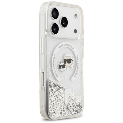 Coque MagSafe pour Apple iPhone 18 Pro / 17 Pro, Karl Lagerfeld, Liquid Glitter Karl & Choupette Head's, Transparente