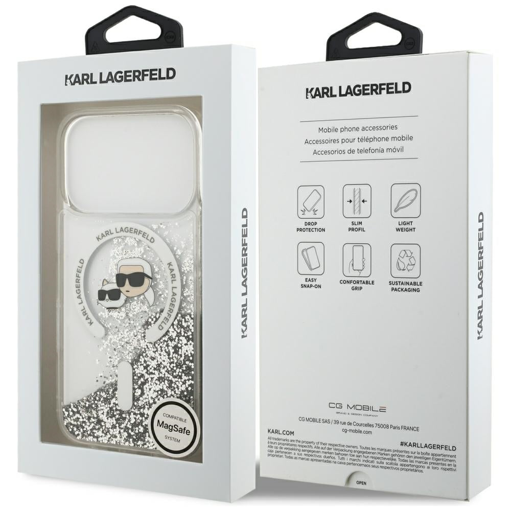 Coque MagSafe pour Apple iPhone 18 Pro / 17 Pro, Karl Lagerfeld, Liquid Glitter Karl & Choupette Head's, Transparente