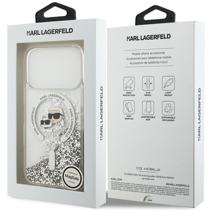Coque MagSafe pour Apple iPhone 18 Pro / 17 Pro, Karl Lagerfeld, Liquid Glitter Karl & Choupette Head's, Transparente