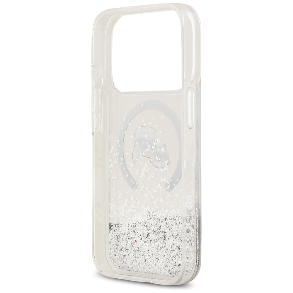 Coque MagSafe pour Apple iPhone 18 Pro / 17 Pro, Karl Lagerfeld, Liquid Glitter Karl & Choupette Head's, Transparente