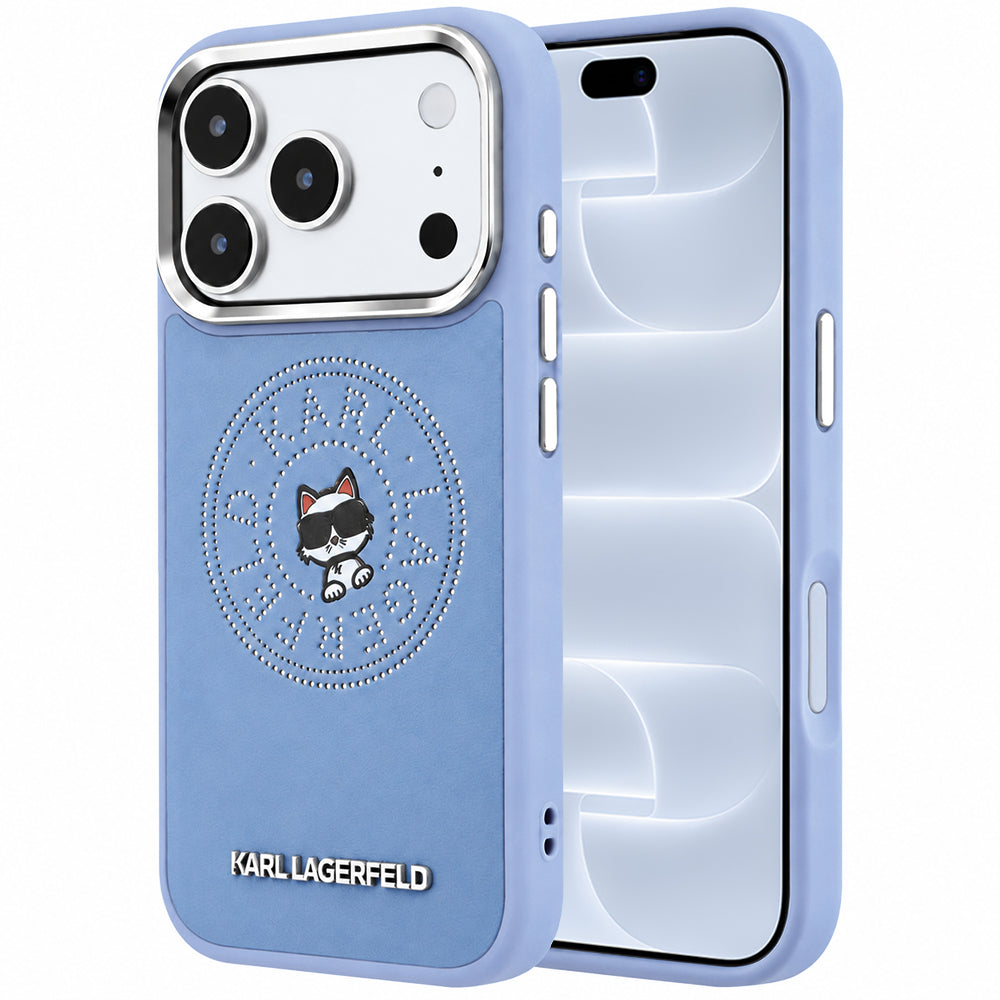 Coque MagSafe pour Apple iPhone 18 Pro / 17 Pro, Karl Lagerfeld, Point and Choupette Sketch, bleu