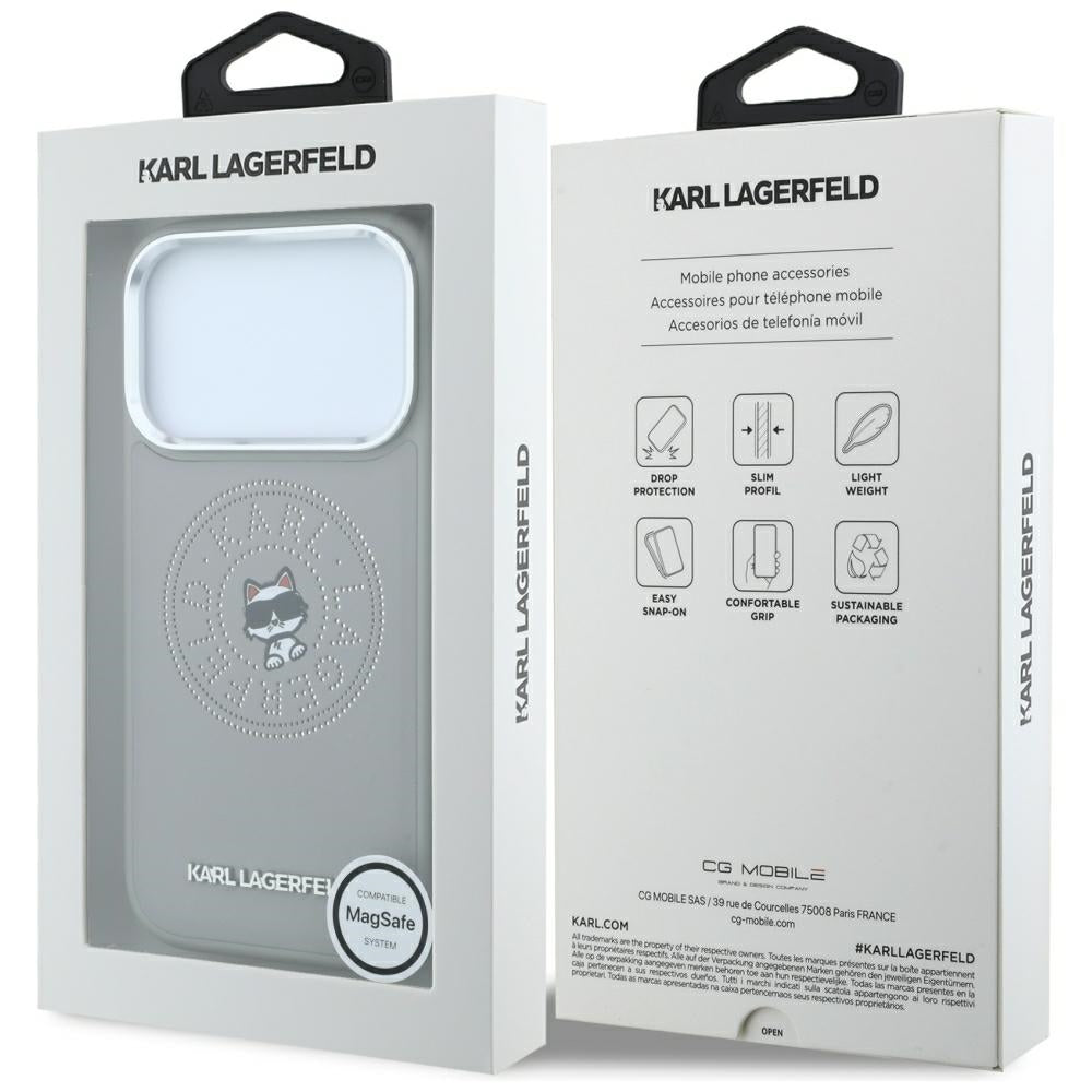 Coque MagSafe pour Apple iPhone 18 Pro / 17 Pro, Karl Lagerfeld, Point and Choupette Sketch, Gris