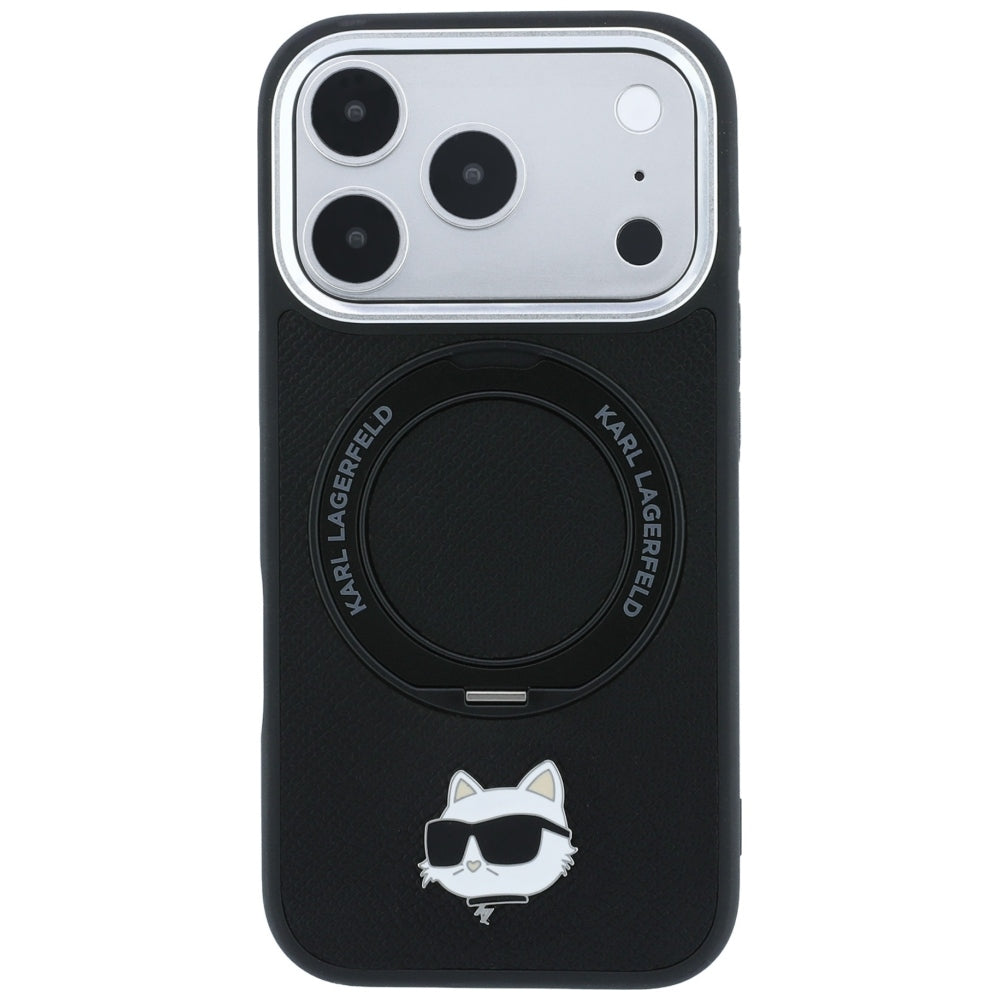 Coque MagSafe pour Apple iPhone 18 Pro / 17 Pro, Karl Lagerfeld, Support Anneau 360 Choupette Pin, Noire