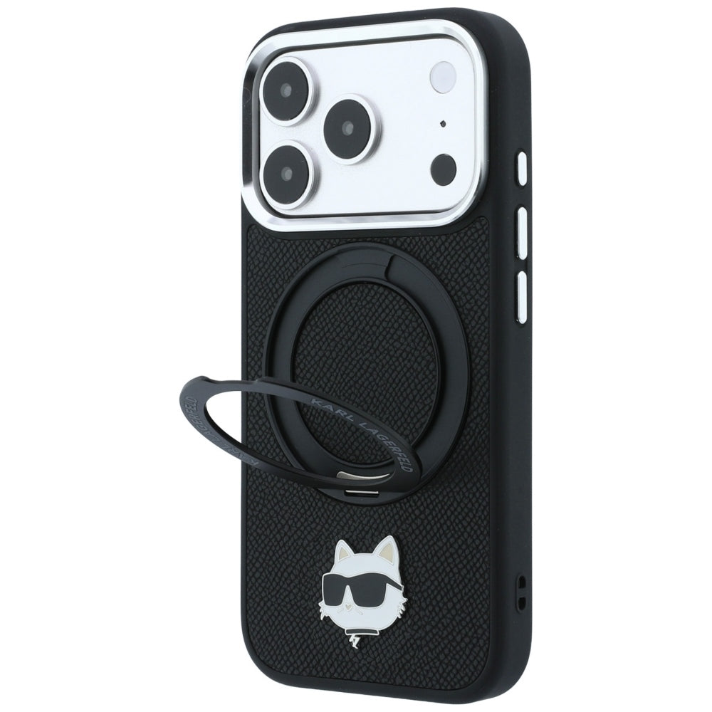 Coque MagSafe pour Apple iPhone 18 Pro / 17 Pro, Karl Lagerfeld, Support Anneau 360 Choupette Pin, Noire