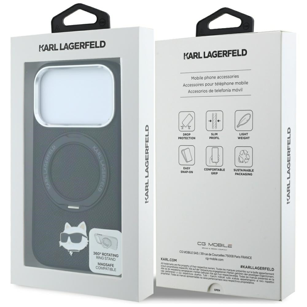 Coque MagSafe pour Apple iPhone 18 Pro / 17 Pro, Karl Lagerfeld, Support Anneau 360 Choupette Pin, Noire
