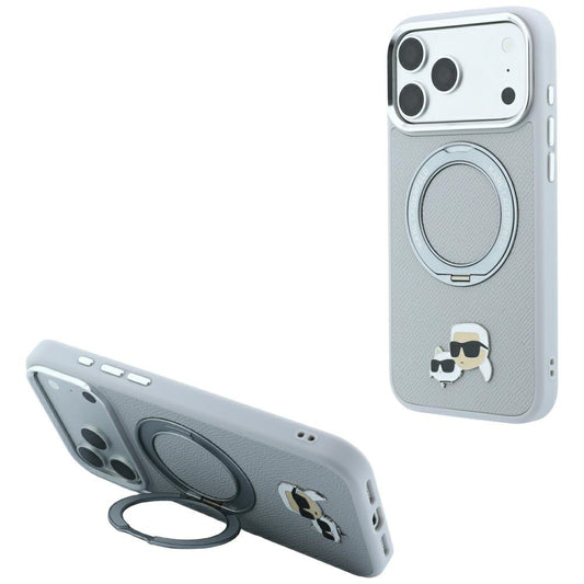 Coque MagSafe pour Apple iPhone 18 Pro / 17 Pro, Karl Lagerfeld, Ring Stand 360 Karl & Choupette Pin, Gris