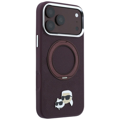 Coque MagSafe pour Apple iPhone 18 Pro / 17 Pro, Karl Lagerfeld, Support Anneau 360 Karl & Broche Choupette, Bordeaux