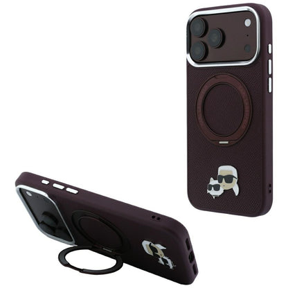 Coque MagSafe pour Apple iPhone 18 Pro / 17 Pro, Karl Lagerfeld, Support Anneau 360 Karl & Broche Choupette, Bordeaux