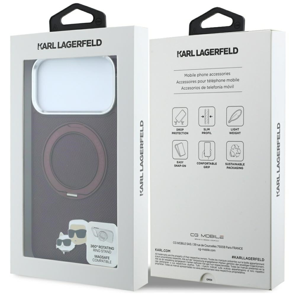 Coque MagSafe pour Apple iPhone 18 Pro / 17 Pro, Karl Lagerfeld, Support Anneau 360 Karl & Broche Choupette, Bordeaux