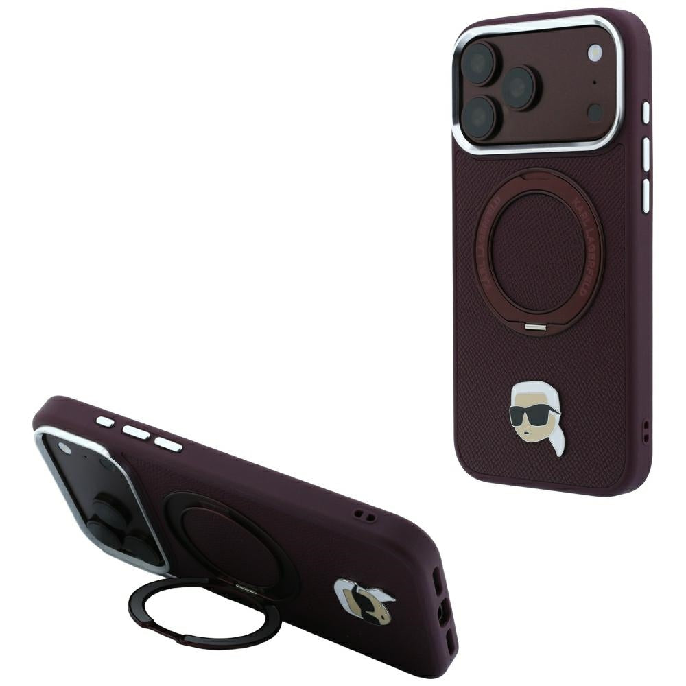 Coque MagSafe pour Apple iPhone 18 Pro / 17 Pro, Karl Lagerfeld, Ring Stand 360 Karl Pin, Bordeaux