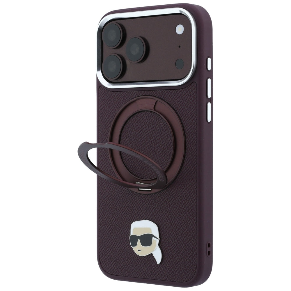 Coque MagSafe pour Apple iPhone 18 Pro / 17 Pro, Karl Lagerfeld, Ring Stand 360 Karl Pin, Bordeaux