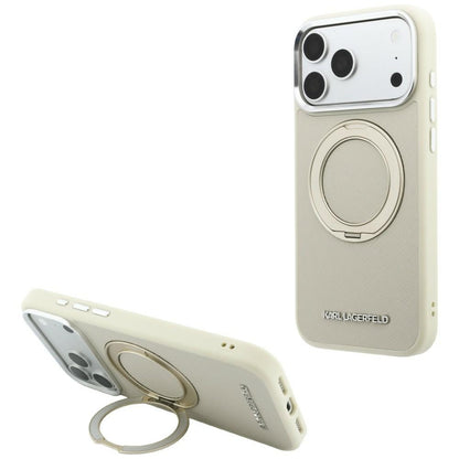 Coque MagSafe pour Apple iPhone 18 Pro / 17 Pro, Karl Lagerfeld, Ring Stand 360 Saffiano, beige