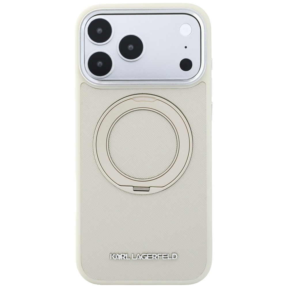 Coque MagSafe pour Apple iPhone 18 Pro / 17 Pro, Karl Lagerfeld, Ring Stand 360 Saffiano, beige