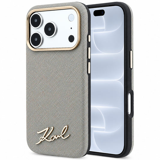 Coque MagSafe pour Apple iPhone 18 Pro / 17 Pro, Karl Lagerfeld, Logo Métallique Petit Script Saffiano, Gris Beige