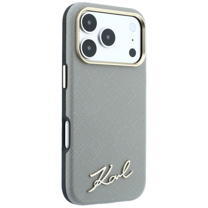 MagSafe Case for Apple iPhone 18 Pro / 17 Pro, Karl Lagerfeld, Saffiano Small Script Metal Logo, Gray Beige