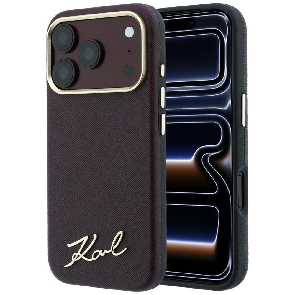 Coque MagSafe pour Apple iPhone 18 Pro / 17 Pro, Karl Lagerfeld, Saffiano Small Script Metal Logo, Bordeaux