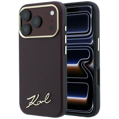 Coque MagSafe pour Apple iPhone 18 Pro / 17 Pro, Karl Lagerfeld, Saffiano Small Script Metal Logo, Bordeaux