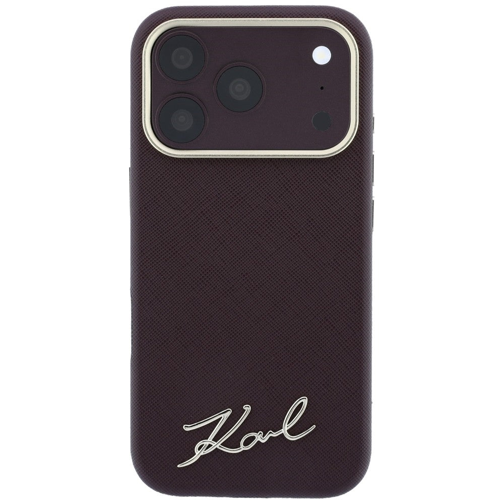 Coque MagSafe pour Apple iPhone 18 Pro / 17 Pro, Karl Lagerfeld, Saffiano Small Script Metal Logo, Bordeaux