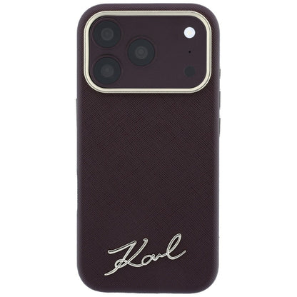 Coque MagSafe pour Apple iPhone 18 Pro / 17 Pro, Karl Lagerfeld, Saffiano Small Script Metal Logo, Bordeaux
