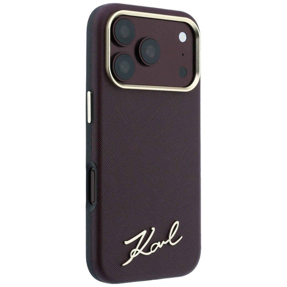Coque MagSafe pour Apple iPhone 18 Pro / 17 Pro, Karl Lagerfeld, Saffiano Small Script Metal Logo, Bordeaux