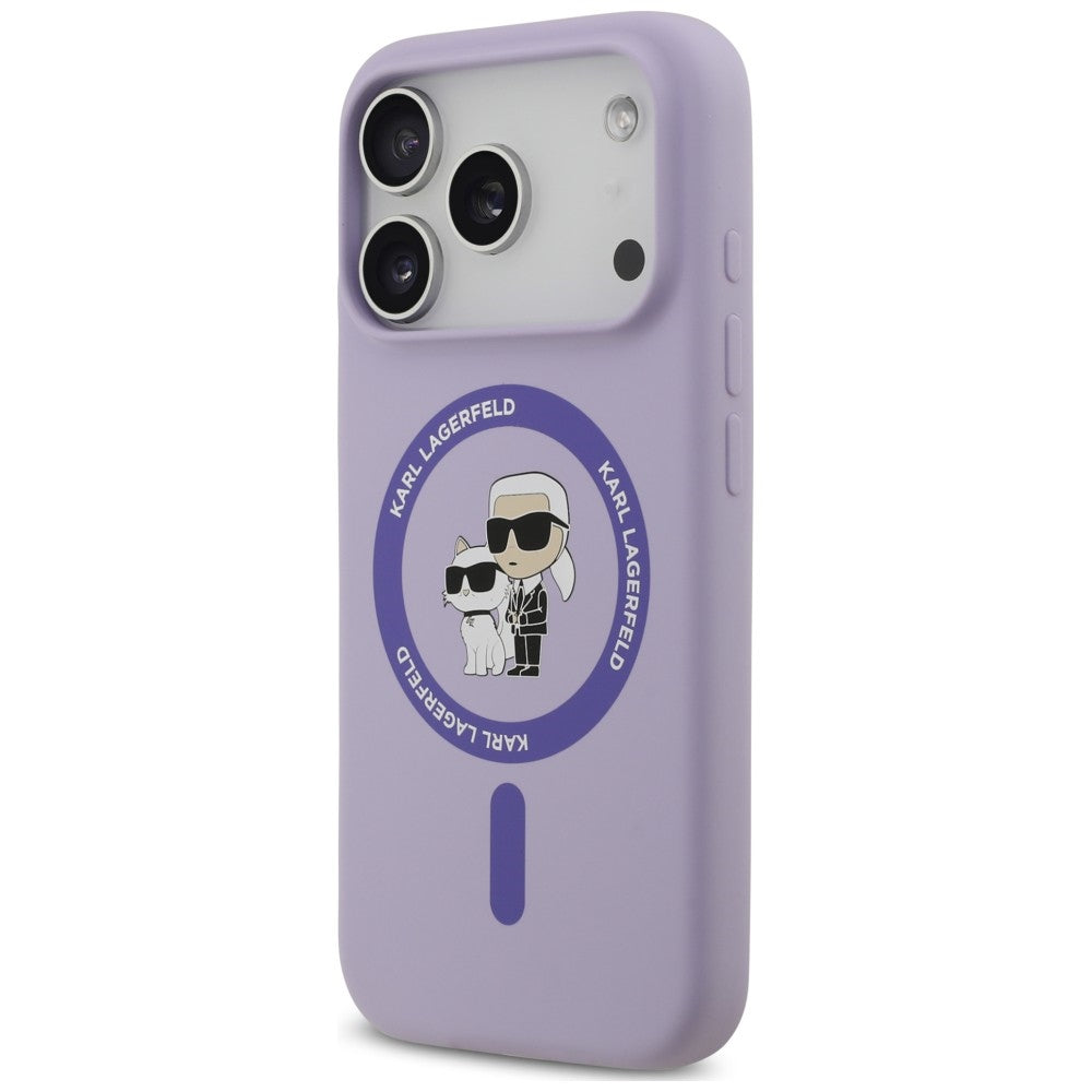 Coque MagSafe pour Apple iPhone 18 Pro / 17 Pro, Karl Lagerfeld, Silicone Ring Karl & Choupette, violet