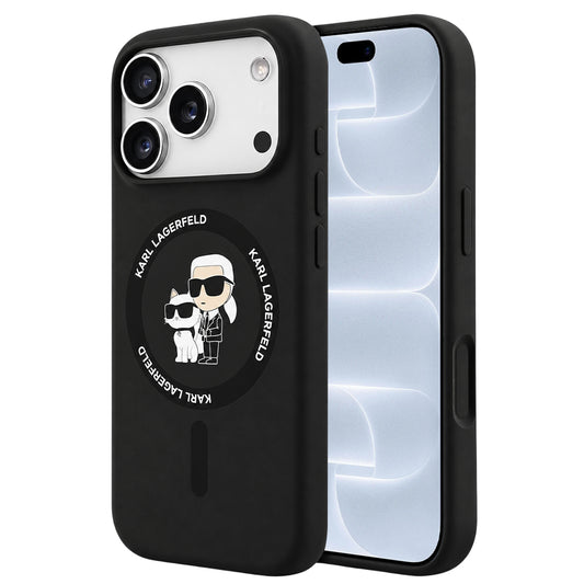 Coque MagSafe pour Apple iPhone 18 Pro / 17 Pro, Karl Lagerfeld, Silicone Ring Karl & Choupette, Noire