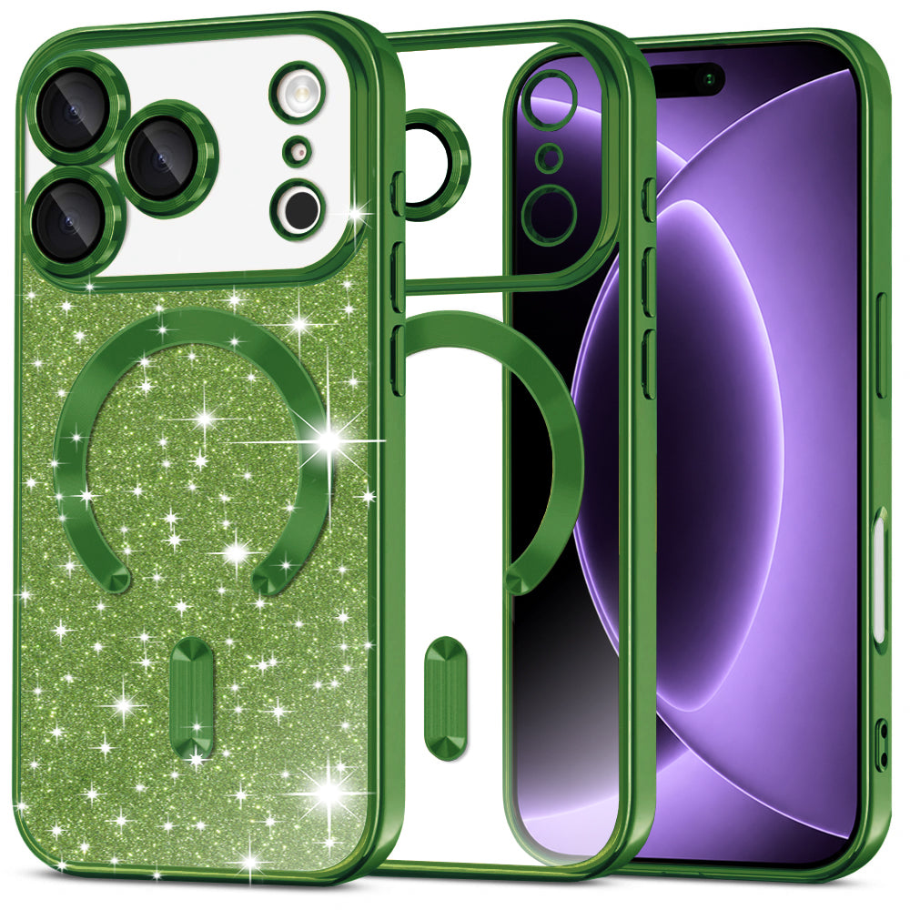 Coque MagSafe pour Apple iPhone 18 Pro / 17 Pro, Techsuit, Luxury Glitter, Vert Foncé
