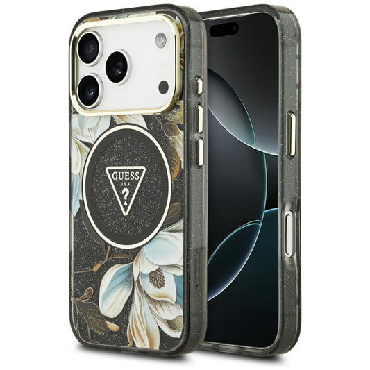 Coque MagSafe pour Apple iPhone 18 Pro, Guess, IML Metal Glitter Flowers Triangle, Noire
