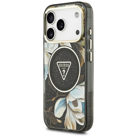 Coque MagSafe pour Apple iPhone 18 Pro, Guess, IML Metal Glitter Flowers Triangle, Noire