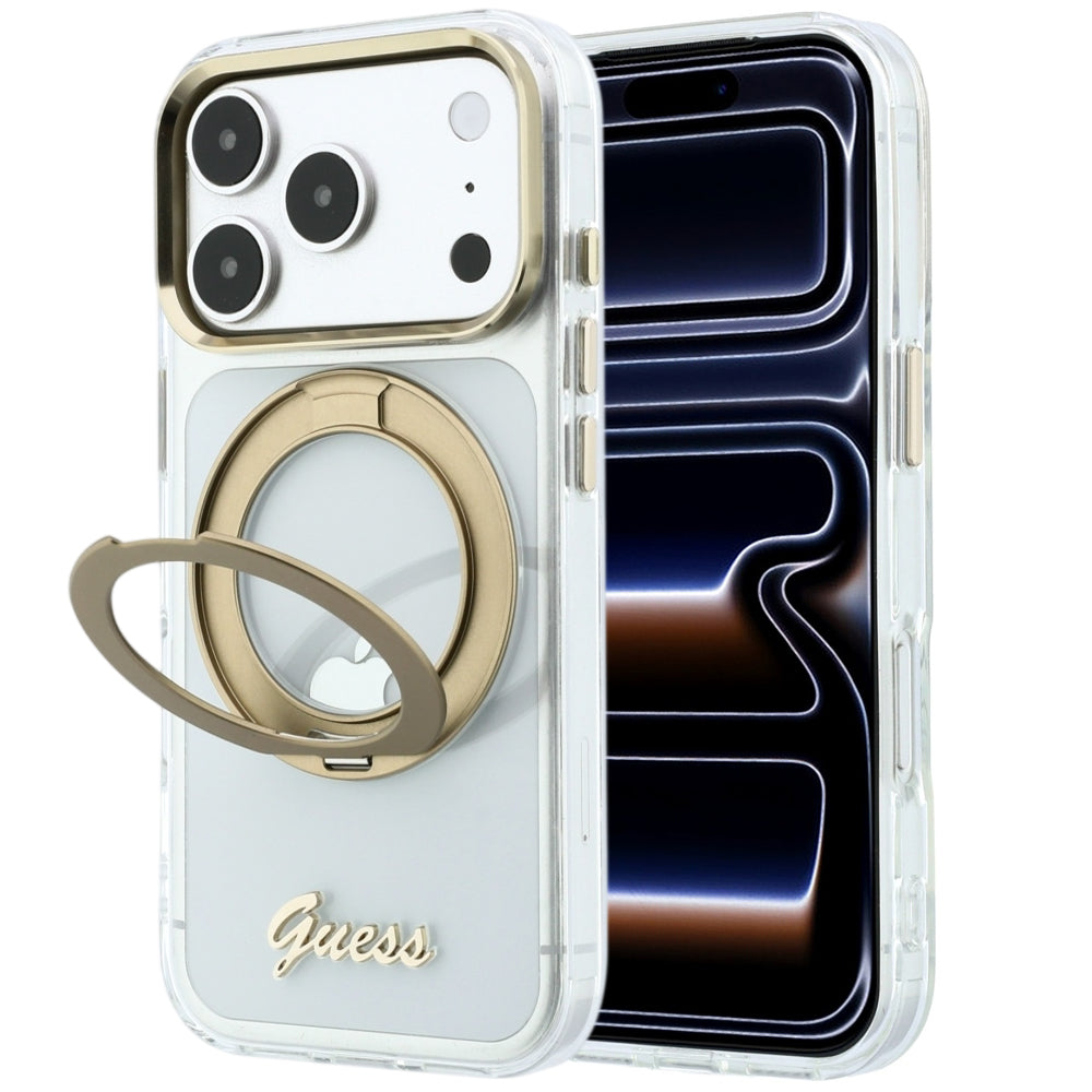 Coque MagSafe pour Apple iPhone 18 Pro, Guess, Support Anneau Logo Métal Script, Transparente